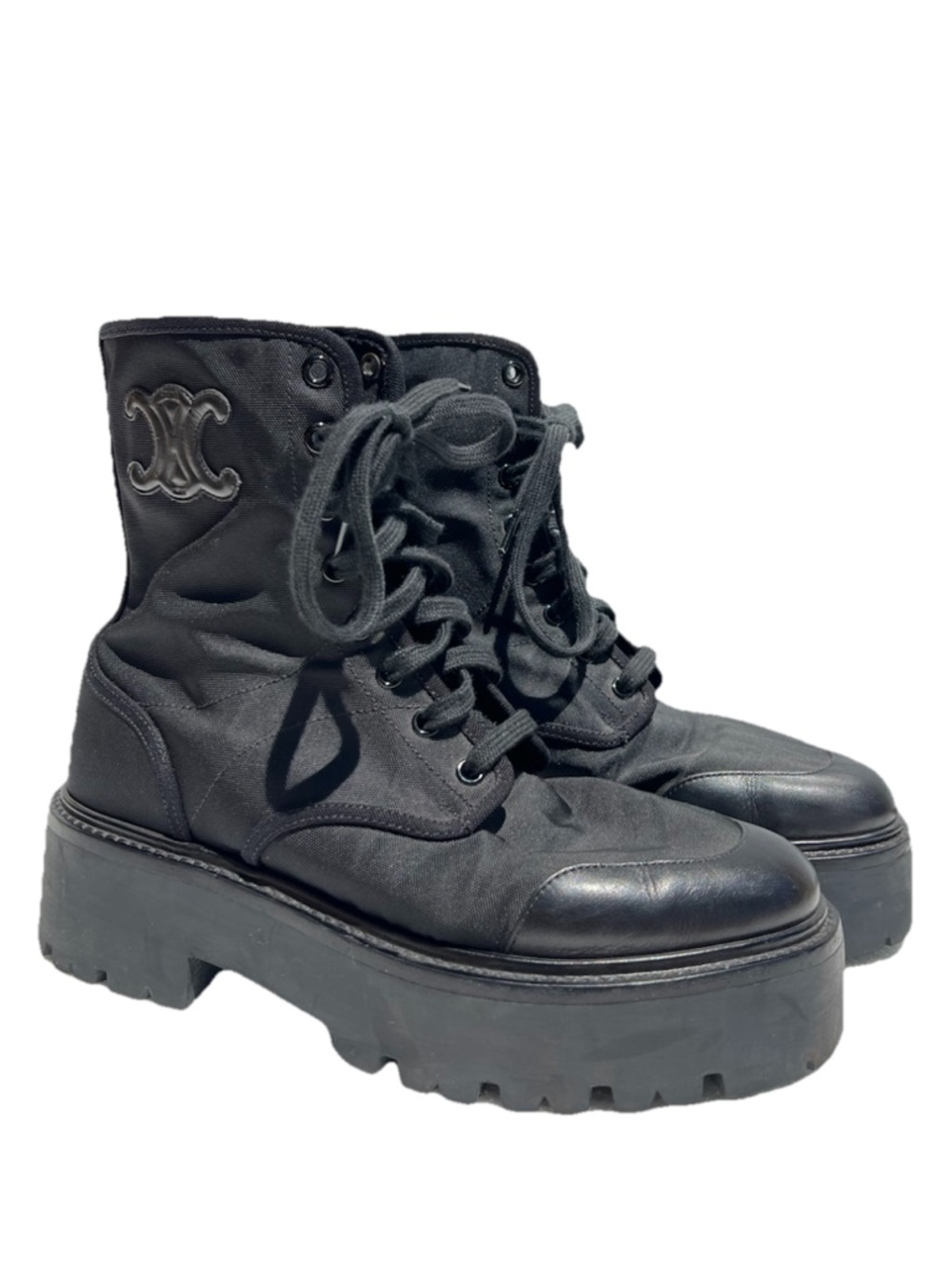 CELINE Bulky Lace Up Boots Black Nylon Shiny Bull Leather Platform Combat EU 38